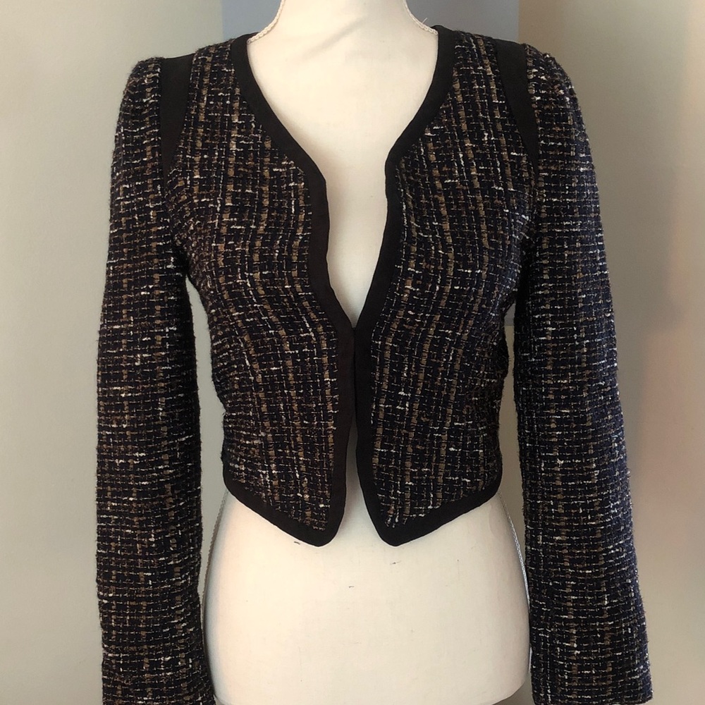 Navy Tweed Cropped Jacket - Women's Classic Open Front
